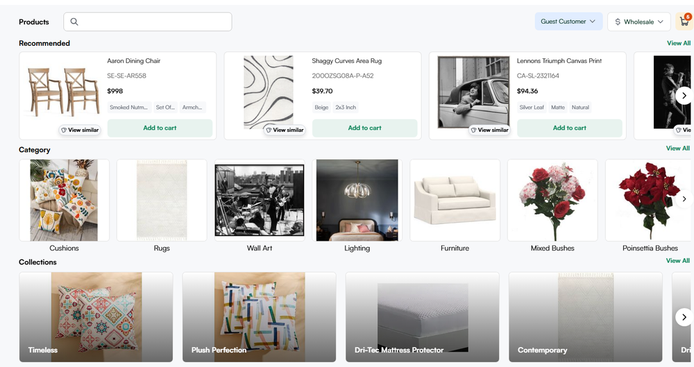 Dashboard- Features categories and collections + AI-driven recommendations based on customers’ previous purchases and buying patterns + Typo-tolerant search bar that searches for any given search across SKUs, attributes, and names, even if spelled wrong.
