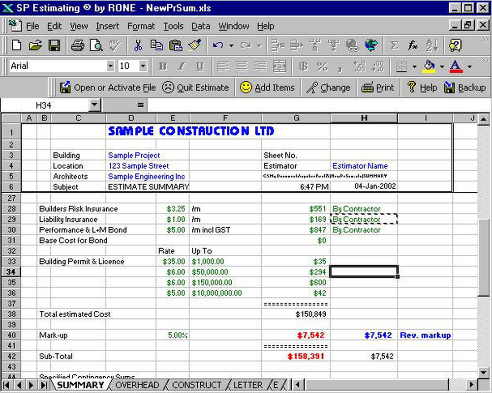 SP Estimating Screenshot 1