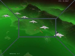 squadron of ships, laser blasts, green landscape skybox 
