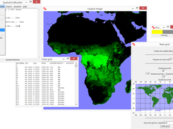 Typical SpatialGridBuilder session, here showing rendering of tree cover in Africa, grid of Europe, creating a new grid, plus some of the program options