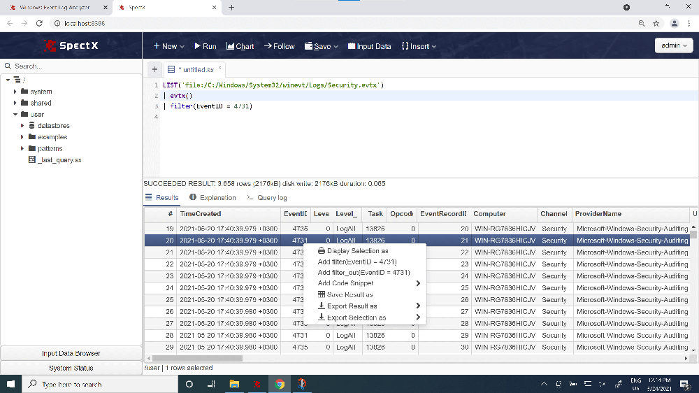 SpectX Analyzing Windows Events