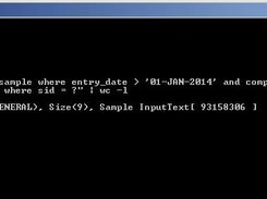 An "action" shot of sqlExe. A list of ids is selected and piped into another execution of sqlExe to query for a list of entries in another table, then that is piped to a line count command. Not very impress to look at, but very powerful.