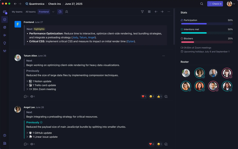 Smart Check-ins take 5 minutes a day—replace hours of status meetings