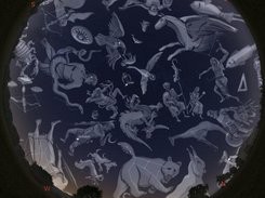 Fisheye view of the sky, with constellation art displayed.