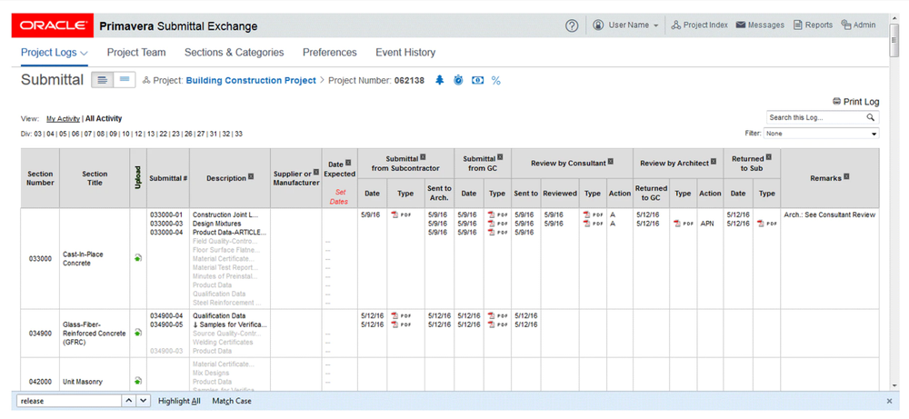 Primavera Submittal Exchange Screenshot 1