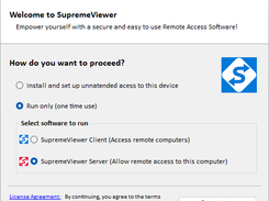 SupremeViewer Server "Run Only" mode. This option allows temporary remote access, without having administrative rights on the remote computer.