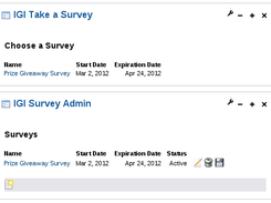 The home screen of the Survey administration portlet and the Take a Survey portlet.