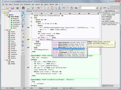 Editor, syntax tree, auto-completion list, clipboard panel.