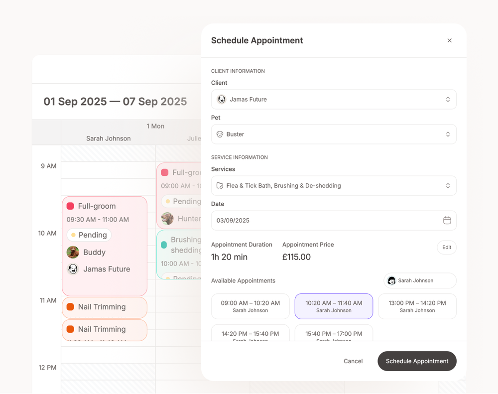 Tailly calendar view/schedule appointment form