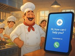 Takeorder AI voice assistant handles customer calls in a restaurant kitchen environment. AI technology automates phone orders and inquiries while kitchen staff focus on food preparation, boosting efficiency and revenue.