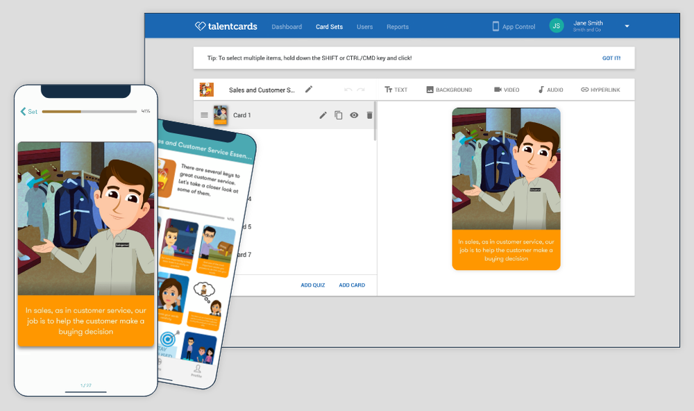 TalentCards Admin View (Web) and Learner View (mobile)