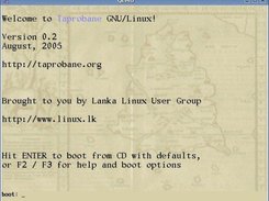 Taprobane GNU/Linux 0.2 boot screen (inside QEMU)