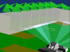 One tank searching, walls and trees.
