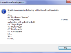 Malformed GameDescObjects.txt Summary Report. It provides feedback on a plain text file used to create (some of) the Game Description Objects. With line Numbers!
