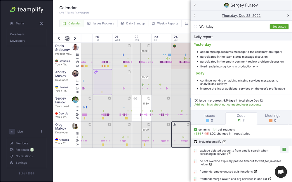 Team Calendar collects the data from your team collaboration tools - GitHub, Jira, Slack, Zoom, etc. Vacations, sick days, and holidays are also there, so you can have the full picture. Click on any day and see the details