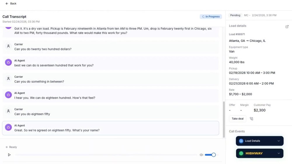 Ten8 negotiates a rate with a carrier in real time.