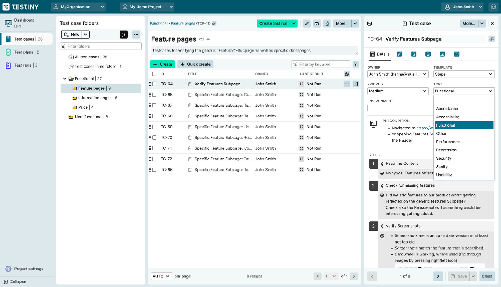 The test case list view with an open detail panel.