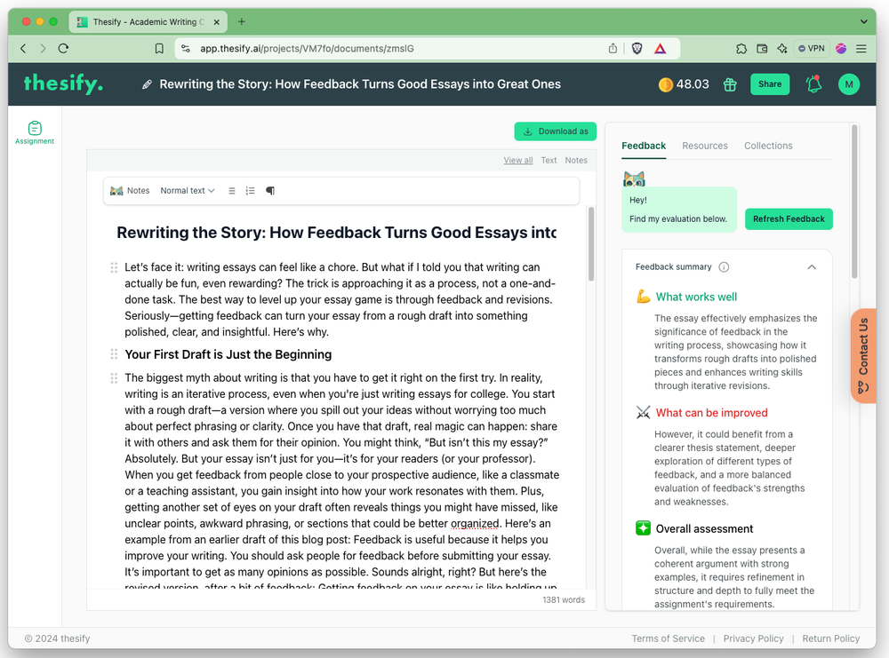 Example feedback of thesify.ai