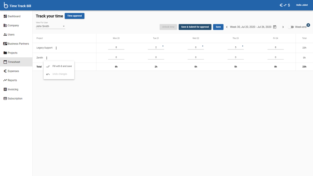 Timesheet on desktop