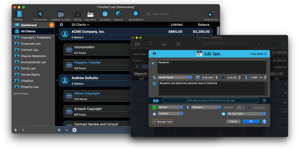 TimeNet Law main window and matter window with task entry