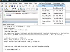The TLA Tools menu and the output of the verify command.