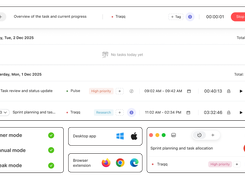 Track time with start/stop timers or manual entries, add tasks, projects, billable status, and tags, and review previous time logs by day.
