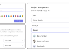Create projects with names and colors, set billing and cost rates, link clients, and assign project managers.