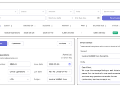Create and manage invoices, track statuses, due dates, balances, and payments, and generate invoices from billable time.