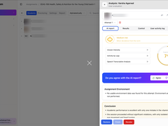 Each attempt generates an AI-powered trust score with flagged behaviors, risk level, and a one-click human review decision.