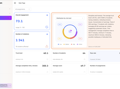 A full-picture view across all assignments: engagement trends, risk distribution, pass rates, and student behavior patterns.