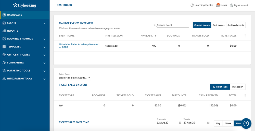 TryBooking - Dashboard