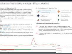 Narrative Tracking - showing summary of media sentiment, top publishers, and sentiment spike for a specific stakeholder