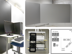 MiniCAVE: PC cluster (seven computers and gigabit switch), three screens, projectors and polarized lenses.