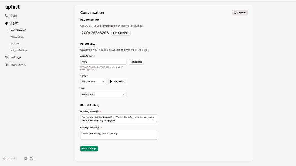 Upfirst lets you customize your agent's voice, tone, and greeting to best represent your brand. You can also connect your current business number or get a new one.