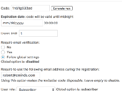 Invitation codes settings page