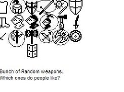 Assortment of different ideas for weapon sprites.