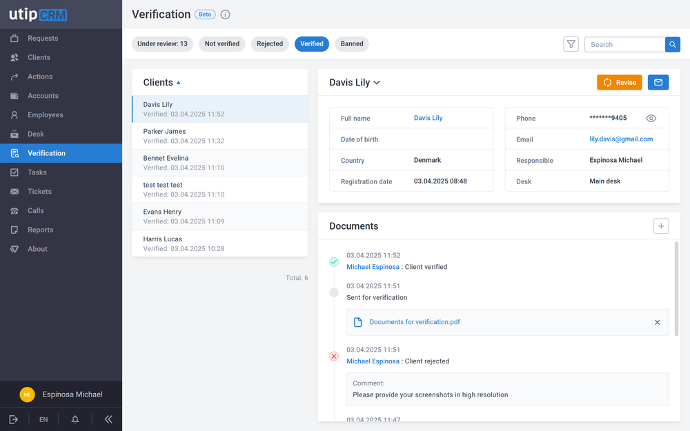 Verification in UTIP CRM