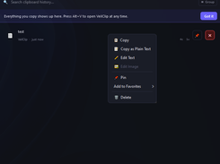 VeilClip clipboard history with a right-click context menu for copied items and quick actions.