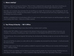 VeilClip Help & Support page highlighting its 100% offline clipboard manager features for Windows.