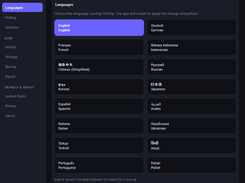 VeilClip settings page with language selection options for a multilingual clipboard manager interface.