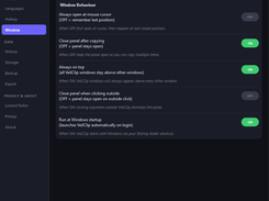 VeilClip window behaviour settings with startup, always-on-top, and panel closing options.