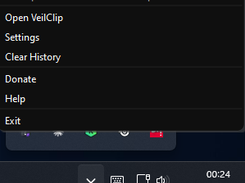 VeilClip system tray menu with quick access to settings, clipboard history, help, and exit options.