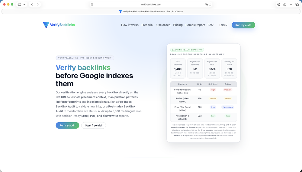 Verify Backlinks dashboard – live-URL backlink verification engine for pre-index and post-index audits.