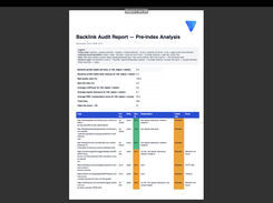 PDF audit report generated by the live URL backlink verification engine, showing pre-index analysis, backlink profile summary metrics, per-link risk findings, and indexing recommendations.