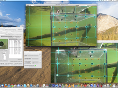 The input screen for the calibration frame, overlaid with a grid showing the resulting coordinate system for the front face of the frame. Also shown are the customization options for the magnified preview in the main window -- note the use of the concentric arc reticle for digitizing the black circular nodes on the frame.