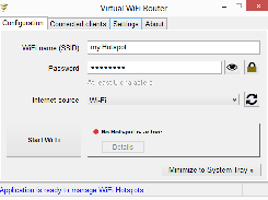 Enter a name, a password and select a connection to be shared and press the Start button to activate the hotspot