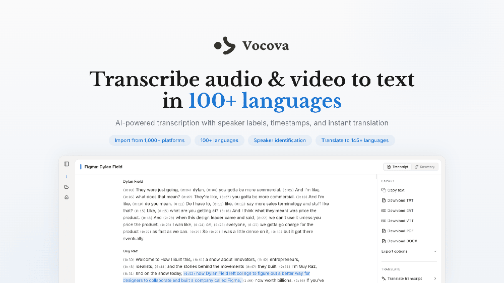 Vocova hero overview showing the main product interface with AI-powered audio and video transcription, featuring speaker labels, timestamps, export options, and translation capabilities across 100+ languages.