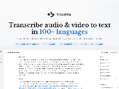 Vocova hero overview showing the main product interface with AI-powered audio and video transcription, featuring speaker labels, timestamps, export options, and translation capabilities across 100+ languages.