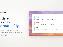 Automatic speaker identification and labeling with color-coded speakers (Sarah, James, Lisa) and timestamps. Rename and merge duplicate speakers with a single click.