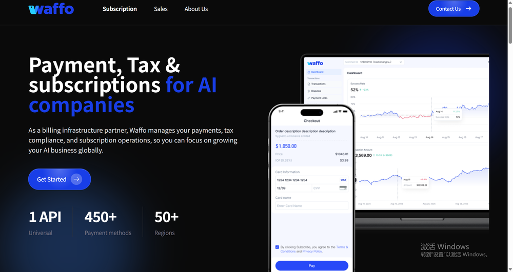 Homepage of billing infrastructure partner - Waffo.ai - provides payments, tax compliance and subscription operation.